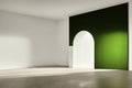 A tall, white-painted arch stands against a vibrant green wall indoors. Seemingly empty and leading nowhere, made with generative