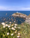 Tall white stone lighthouse at the edge of a rocky island cliff on a rugged coastline. South Stack Lighthouse Royalty Free Stock Photo