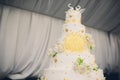 A tall white wedding cake decorated with gold flowers and white swans. Two pieces are cut off. Royalty Free Stock Photo