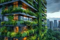 Tall wooden building in an urban setting covered in a variety of green plants