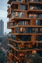 Tall wooden high-rise building with multiple windows and balconies