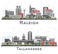 Tallahassee Florida and Raleigh North Carolina City Skyline set with Color Buildings Isolated on White. Cityscape with Landmarks