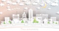Tallahassee Florida. Winter city skyline in paper cut style with snowflakes, moon and neon garland. Christmas, new year concept.