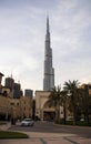 Tallest building in the world Burj Kalifa, view from Souq al Bahar parking side. Dubai, UAE