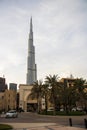 Tallest building in the world Burj Kalifa, view from Souq al Bahar parking side. Dubai, UAE