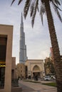 Tallest building in the world Burj Kalifa, view from Souq al Bahar parking side. Dubai, UAE