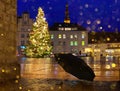 Tallinn Christmas tree In old town square panorama best marketplace ,blurred city light light decoration ,