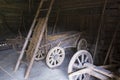 Tallinn city of Estonia. Ethnographic Museum in the open air. antique cart with straw on wooden wheels