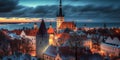 Tallinn city panorama at pink orange evening sunset at sea big fool moon,