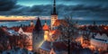 Tallinn city panorama at pink orange evening sunset at sea big fool moon,