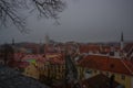 Tallinn, Estonia: Aerial cityscape with Medieval Old Town, Landscape with a panorama of the city in foggy and gloomy weather Royalty Free Stock Photo