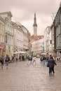 Viru street and view of tower of the Tallinn Town Hall, Estonia