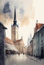 Tallinn, Estonia. City landscape. Watercolor AI generative