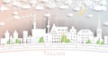 Tallinn Estonia City Skyline in Paper Cut Style with Snowflakes, Moon and Neon Garland