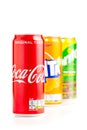 Tallinn, Estonia - 24.04.21: Coca-Cola, Sprite and Fanta brand new metall Cans Isolated On White. The Coca-Cola Company Royalty Free Stock Photo