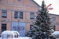 View to Proto Discovery Museum, near arc roof cafe units and Christmas tree. Peetri 10 street. Royalty Free Stock Photo