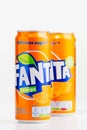 Tallinn, Estonia - 12.02.21. FANTA drink in orange metal can. Orange testy drink carbonated drink created by The Coca