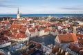 TALLINN, ESTONIA, FEBRUARY 2020: Aerial view on the old town with main central square in Tallin, Estonia Royalty Free Stock Photo