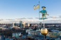 TALLINN, ESTONIA, FEBRUARY 2020: Old city, Tallinn, Estonia. A weather vane Old Thomas on the Town hall tower, aerial view frome Royalty Free Stock Photo