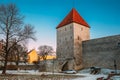 Tallinn, Estonia. Former Prison Tower Neitsitorn In Old Tallinn. Medieval Maiden Tower At Winter Evening. Part Of Royalty Free Stock Photo