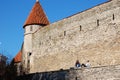 Tallinn, Estonia, 05/02/2017 Girls sitting on the wall of the ca