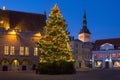TALLINN, ESTONIA - JANUARY 12, 2018: Night picturesque view of the Christmas tree on the famous Raekoja plats Town Hall Square Royalty Free Stock Photo