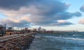 Tallinn, Estonia - January 4, 2020: View of the port of Tallinn from the boardwalk along Pirita Street. The promenade is Royalty Free Stock Photo