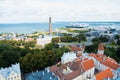 TALLINN, ESTONIA - JULY 22, 2015: Aerial panoramic view of Tallinn old town city center and port with big cruise ships on cloudy Royalty Free Stock Photo