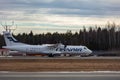 Tallinn, Estonia - March 23, 2021: finnair plane ATR 72-500 OH-ATE takes off from Airport of Tallinn