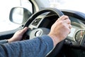 Tallinn, Estonia - March 2022: Volkswagen T6. Driver hand holds steering wheel.