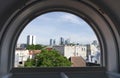 TALLINN, ESTONIA- MAY 28, 2016: view of modern high-rise hotels from the arched window in the old town of Tallinn