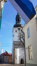 National Flag of Estonia and Medieval Toomkirik - Dome Church St. Mary`s Cathedral on Toompea Hill in Tallinn Old Town, Talli. Est Royalty Free Stock Photo