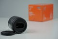 Tallinn, Estonia 11 09 2019: new sony macro lens 30mm f3.5. photo of lens with box Royalty Free Stock Photo