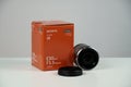 Tallinn, Estonia 11 09 2019: new sony macro lens 30mm f3.5. photo of lens with box Royalty Free Stock Photo