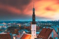 Tallinn, Estonia. Night Sunset Sky Above Traditional Old Architecture Skyline In Old Town. Church Of Holy Ghost Or Holy Royalty Free Stock Photo