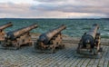 Tallinn, Estonia - November 18, 2018: Old cannons in the Maritime Museum of Tallinn. Cannon on wooden gun carriages