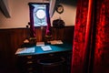 TALLINN, ESTONIA - November 02, 2019: Old document papers on the table in cabin of the ship named Suur Toll in the harbor of