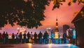 Tallinn, Estonia. People Visiting Kohtuotsa Viewing Platform. Cityscape Skyline At Summer Night. View From Patkuli Royalty Free Stock Photo