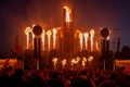 Tallinn, Estonia - 20.07.2022: Rammstein concert during the stadium world tour. Fire on the stage.