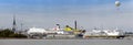 TALLINN, ESTONIA- SEPTEMBER 7, 2015: Cruise ship in port with old town and balloon in background on September 7, 2015 in Tallinn, Royalty Free Stock Photo