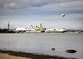 TALLINN, ESTONIA- SEPTEMBER 7, 2015: Cruise ship in port with old town and balloon in background Royalty Free Stock Photo