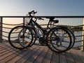 Tallinn, Estonia - 09.2019. silhouettes of a Bicycle against the sunset on the sea. Adults and children Cycling