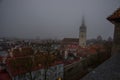 Tallinn, Estonia:St. Nicholas ` Church. Aerial cityscape with Medieval Old Town, Landscape with a panorama of the city in foggy an Royalty Free Stock Photo