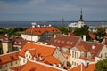 TALLINN, ESTONIA - View from the Bell tower of Dome Church / St. Mary`s Cathedral, Toompea hill at The Old Town, Baltic Sea and cr Royalty Free Stock Photo