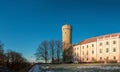 Tallinn, Estonia. View Of Upper Town Castle Corner Tower Tall Hermann Or Pikk Hermann In Sunny Winter Day. Panorama