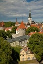 TALLINN, ESTONIA - View from Viewing Point Kohtuotsa, Toompea hill at The Old Town, St. Olaf`s Church, Baltic sea and cruise ferry Royalty Free Stock Photo