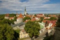 TALLINN, ESTONIA - View from Viewing Point Kohtuotsa, Toompea hill at The Old Town, St. Olaf`s Church, Baltic sea and cruise ferry Royalty Free Stock Photo