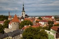 TALLINN, ESTONIA - View from Viewing Point Kohtuotsa, Toompea hill at The Old Town, St. Olaf`s Church, Baltic sea and cruise ferry Royalty Free Stock Photo