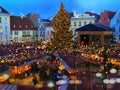 Tallinn  Holiday Travel ,Christmas Tree in town hall square old town panoramic  best  market place blurred light festive backgr Royalty Free Stock Photo