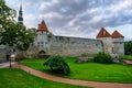 Tallinn medieval city wall at sunset. Estonia